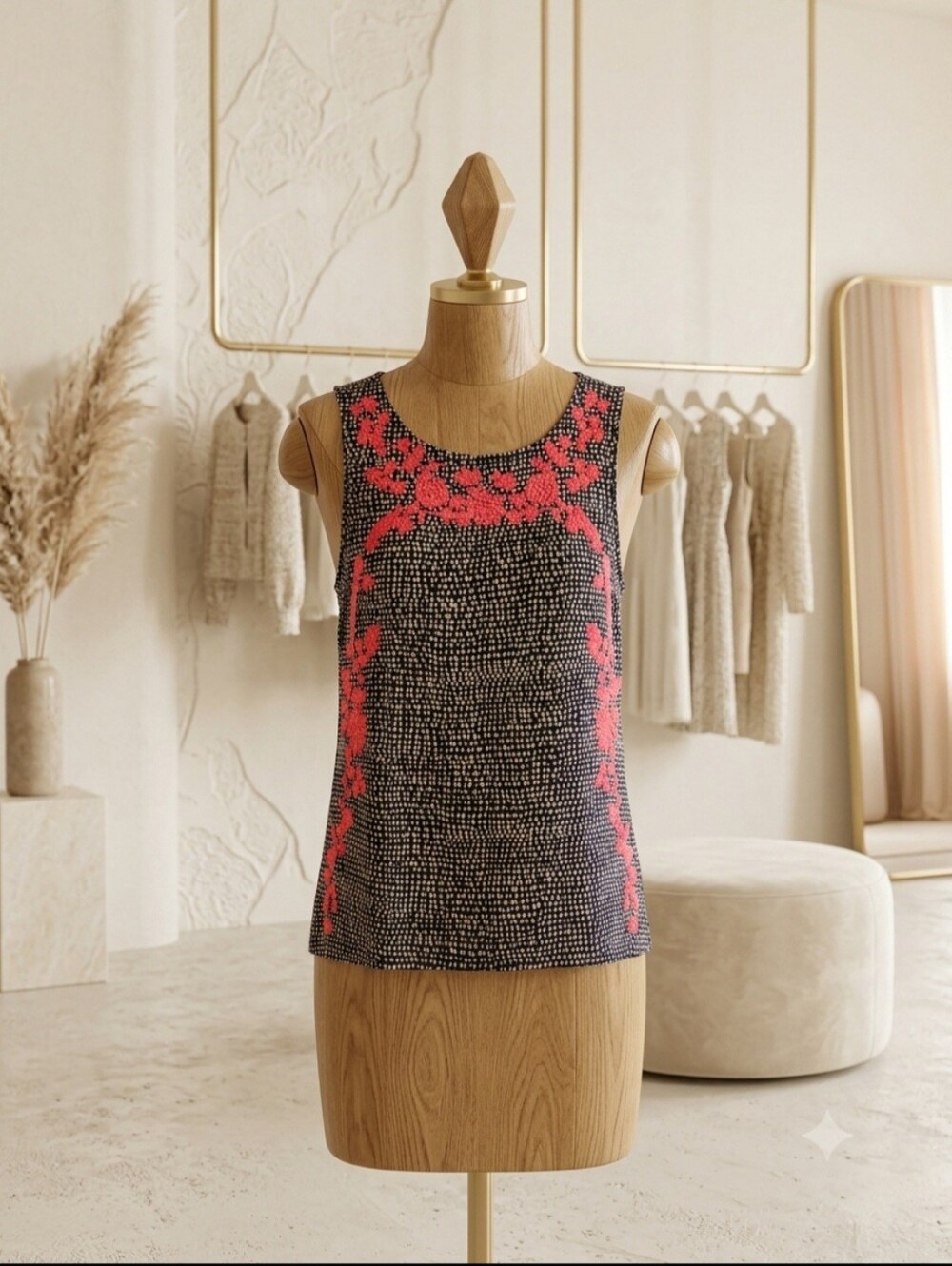 THML XS Black & White Red Embroidered Sleeveless Top